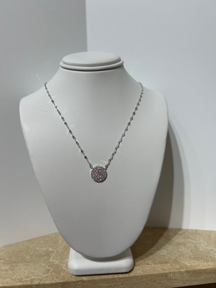 Sterling Silver Pave disc necklace ￼