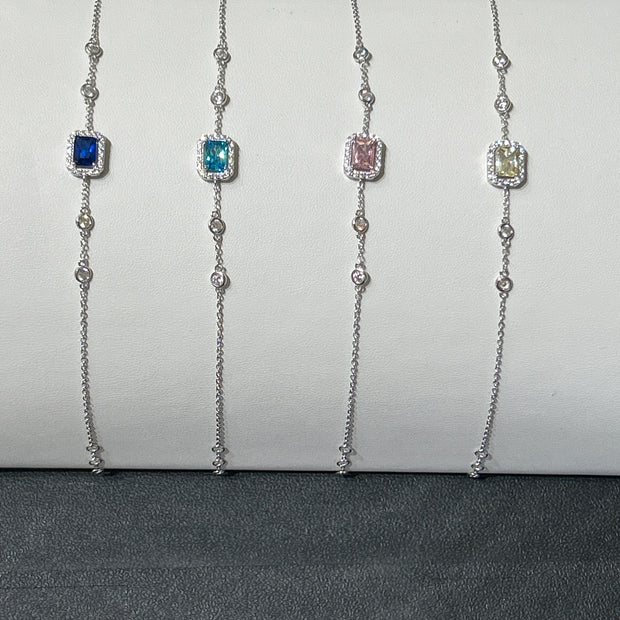 Sterling silver Diamond by the yard colored halo bracelet